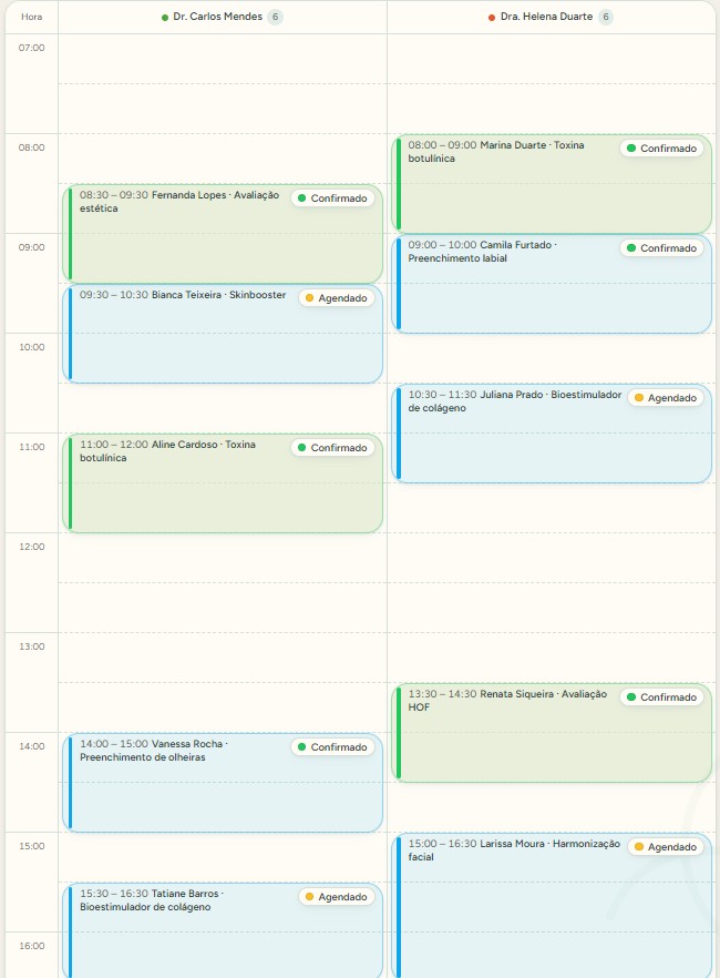 Agenda do dia de uma clínica com duas profissionais e horários preenchidos, com selos de confirmado e agendado em cada consulta
