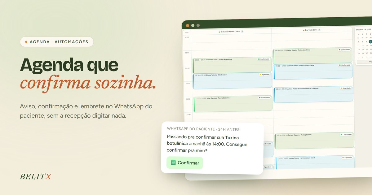 Agenda de uma clínica de estética cheia de consultas, com selos de confirmado e agendado, e uma mensagem de confirmação no WhatsApp do paciente