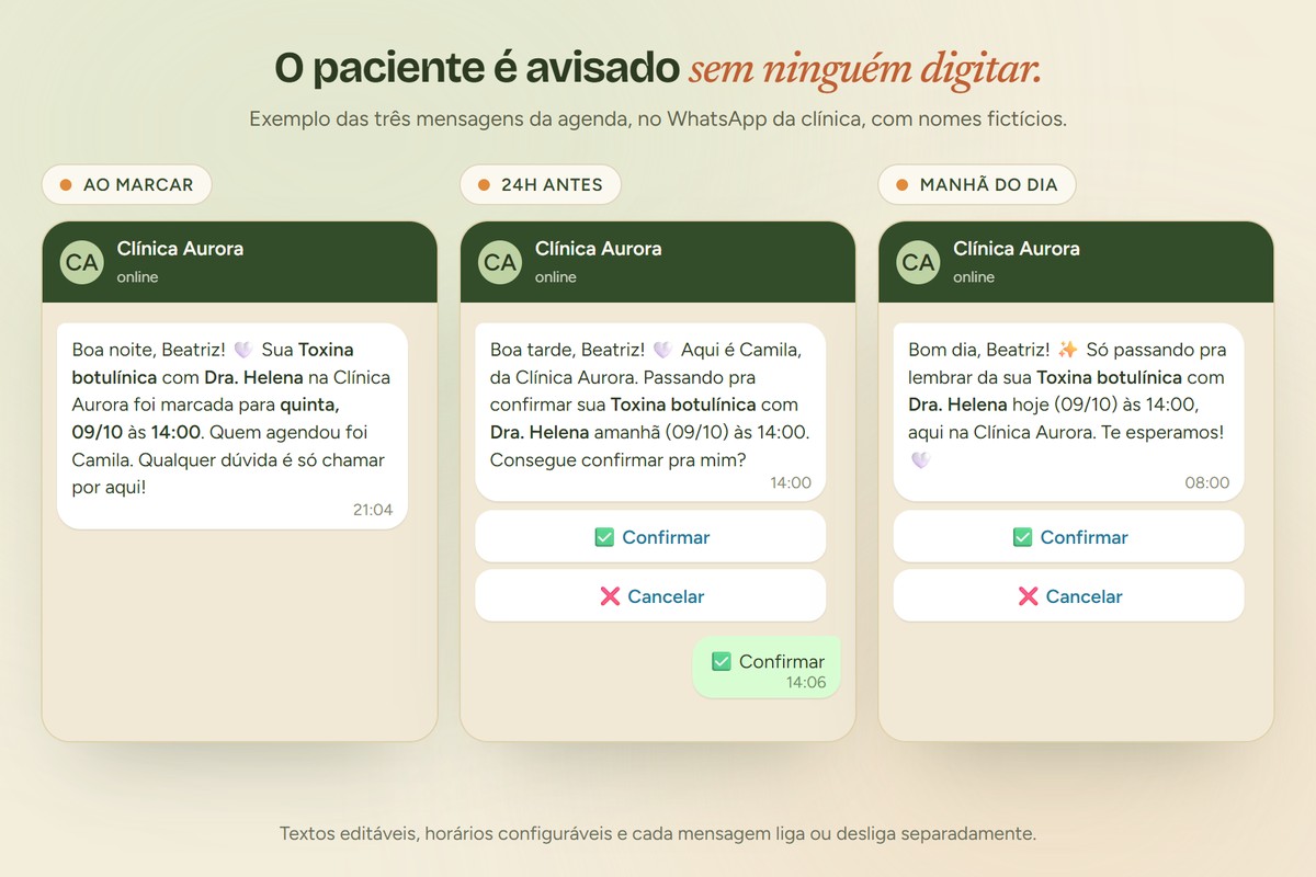 Exemplo das três mensagens automáticas da agenda no WhatsApp do paciente: aviso ao marcar, confirmação 24 horas antes com botões e lembrete na manhã da consulta